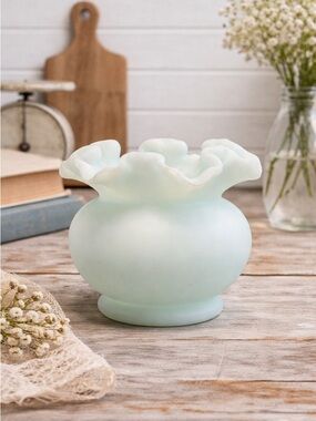 Aqua Satin Glass Ruffle Vase 🌊 Vintage Cottage Decor